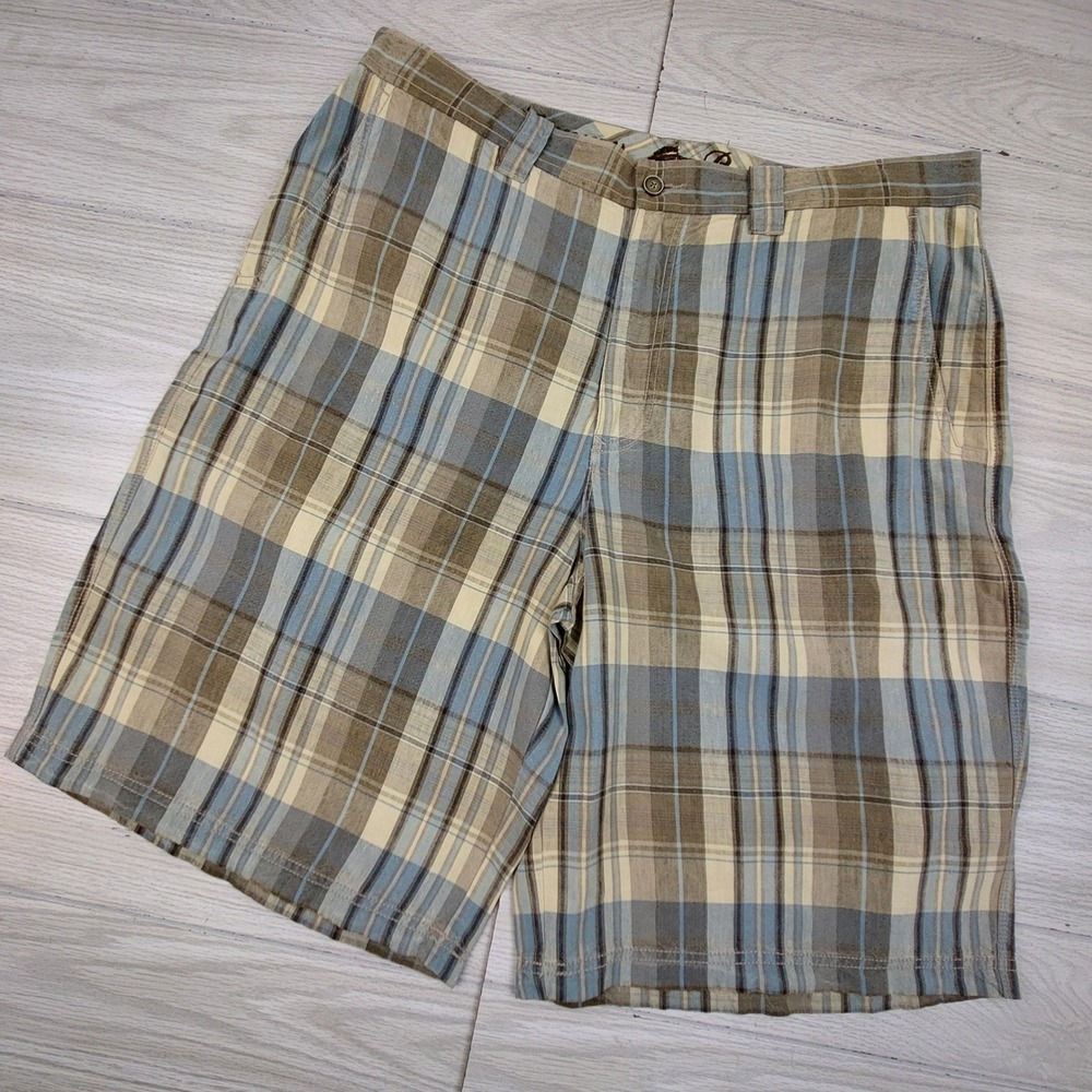Tommy‎ Bahama Plaid Shorts Mens 36 Blue Tan Linen Silk Blend Flat Front Casual